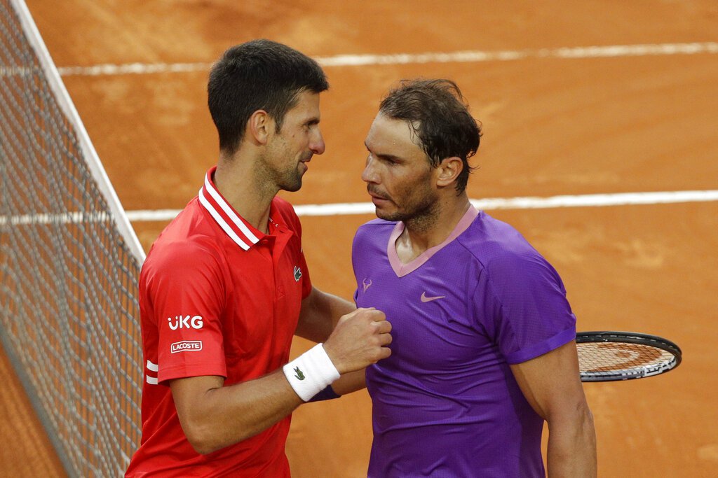男單世界前二對決，第二的納達爾（右）擊敗第一的約克維奇（左）。 美聯社
