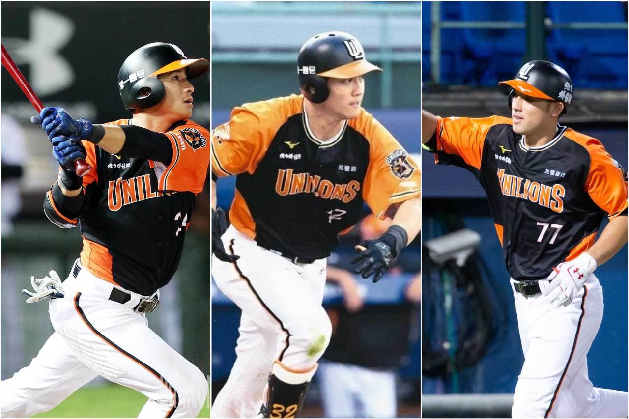 統一獅外野三帥中，陳傑憲(左)、蘇智傑(中)在加入職棒前都是內野手，林安可(右)原本更是投手。 聯合報系資料照片