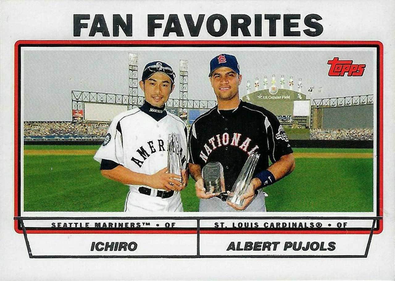 2001年開季時，大聯盟所有的焦點都放在空降美聯的鈴木一朗(左)身上，國聯剛從小聯盟升上來的普荷斯(右)還沒沒無名，沒有人料到這兩位球員會同時成為00年代的超級巨星。 2004 Topps 球員卡