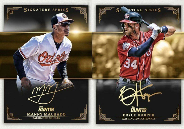 普荷斯和卡布雷拉的爛尾合約不會是少數特例，哈波(右)和馬恰多(左)的長約等著看，最後幾年也很有機會變成大毒藥。 2018 Topps Bunt 球員卡