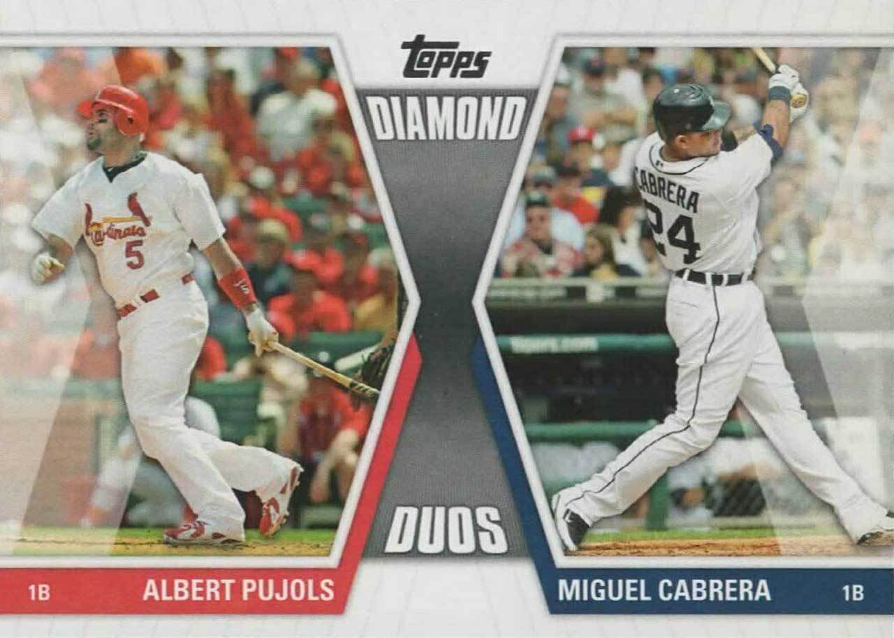 老虎一壘手卡布雷拉(右)年薪跟普荷斯(左)不相上下，但打擊衰退程度卻更大，恐怕老虎最後也要壯士斷腕。 2011 Topps 球員卡